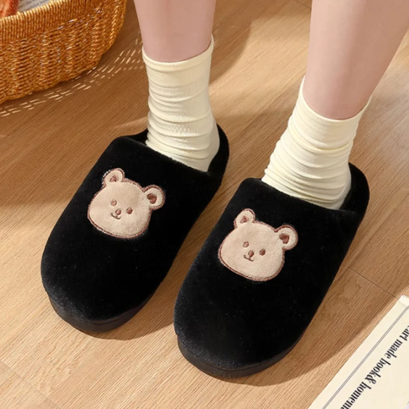 Cute Bear Cotton Slippers for Woman Winter Indoor Non-slip Slides Plush Warm Men Home Sandals Flat Shoe Couples Flip Flops — view 3