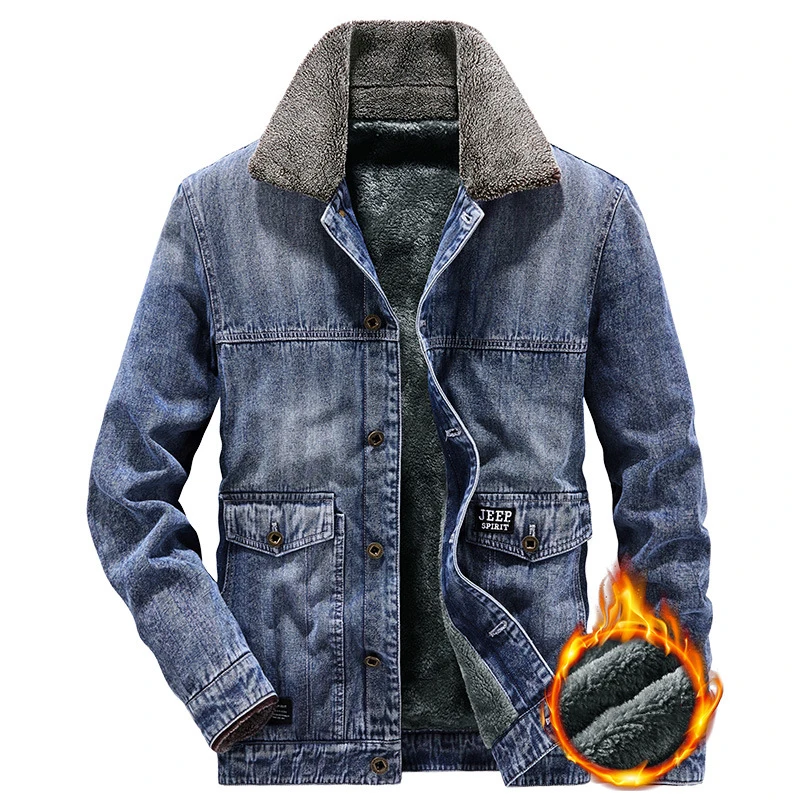 Winter Denim Jacket Men Vintage Thick 