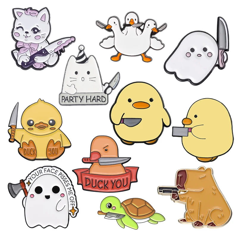 Niedliche, aber Gruselige Emaille-Anstecknadeln: Tier-Motive mit Messer, Ente, Boo-Katze, Gans, Capybara, Frosch, Seestern, Brosche, Abzeichen, Schmuck, Geschenk