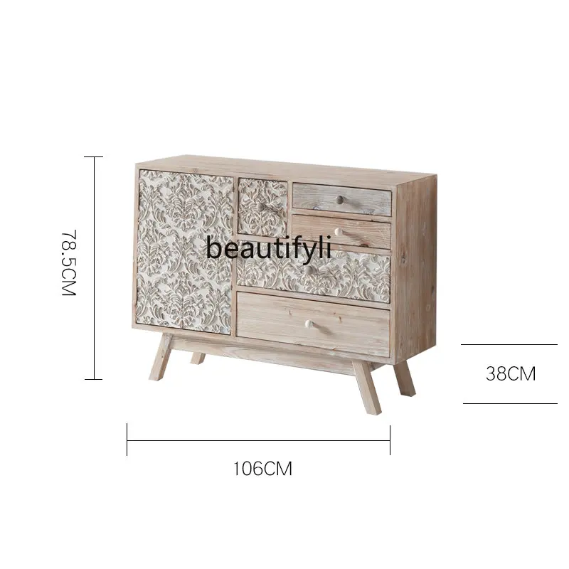 

Retro Distressed Sideboard Cabinet Solid Wood Carved Entrance Cabinet French Living Room Storage Drawer