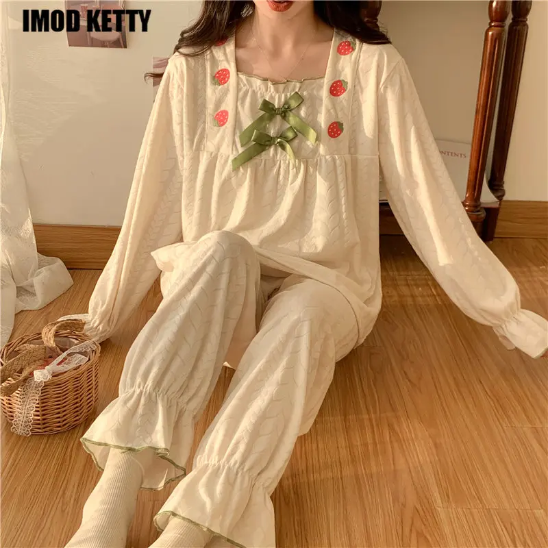 

Pajamas Fashion New Spring Long Sleeve Tops Long Pants 2Piece Set Cotton Bow Pyjama Cute Academic style Homewear Cozy Sleepwear