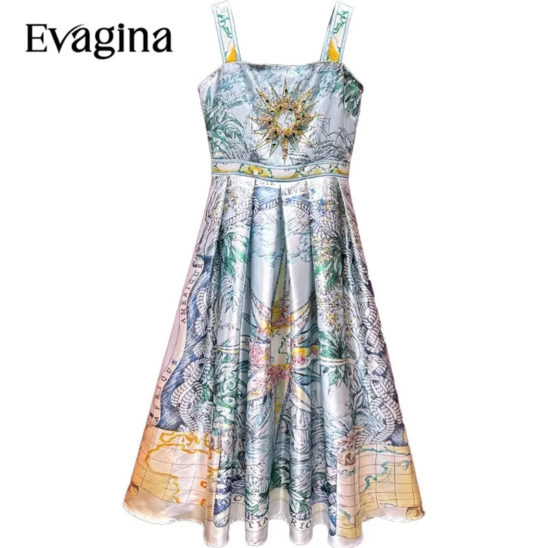 

Evagina Fashion Vintage Print Beading Knee Length dress Spring Summer Sling Square Collar Waist Up Holiday Dresses
