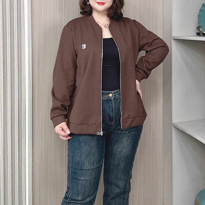 Plus Size Baseball Jacket Women Spring/Autumn Long Sleeve Stand Collar Short Coat Female Loose Casual Zip-Up Hoodie 8988