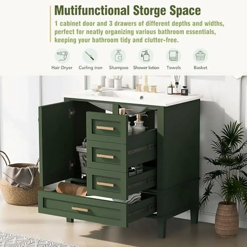 Bathroom Vanity Set 30" with Sink Cabinet Drawers Doors Modern Green Wood Single Vanity Floor Storage Organize Residence Quiet 6