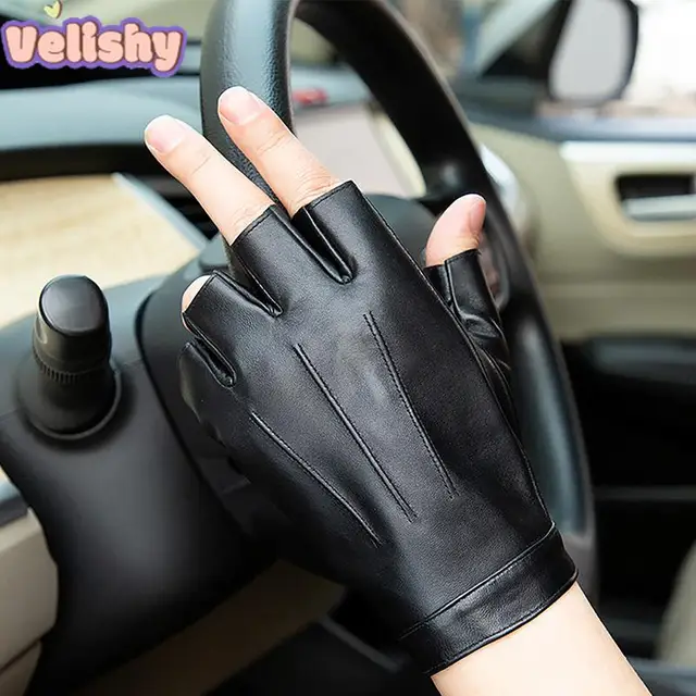 Fingerless Men Gloves PU Leather Motor Punk Gloves Male Mittens Black Half Finger Outdoor Tactical Mens Leather Driving Gloves 5