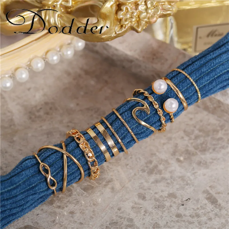 

Gold Color 10PCS/Set Fashion Pearl Metal Geometric Rings Set for Women Twist Stacking Knuckle Rings Open Ring Party Jewelry Gift