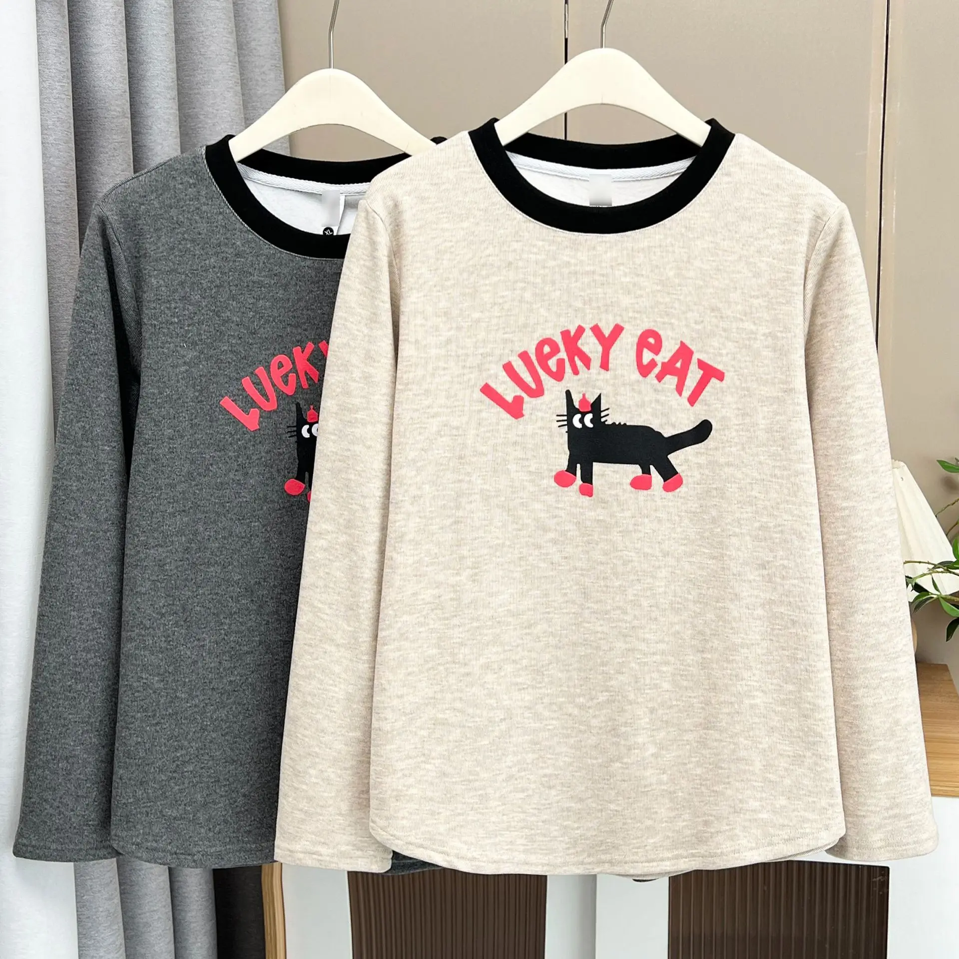 XXXXL Fashion Plus Size Women's T-Shirt 2025 Autumn Winter New Style Youthful Color Block Printed Cartoon Fleece Warm Base Tops