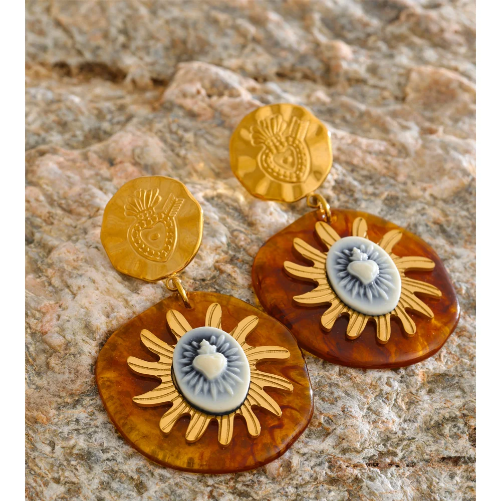 Yhpup Amber Resin Round Sun Pendant Drop Earrings