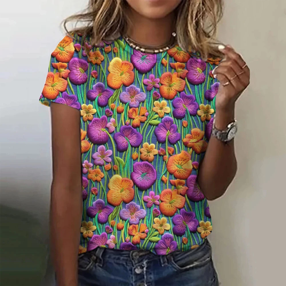 

Refreshing Summer Fashion Women's Clothing Embroidered Flower Pattern T-Shirt 3d Printed Round Neck Sports Casual Short Sleeved