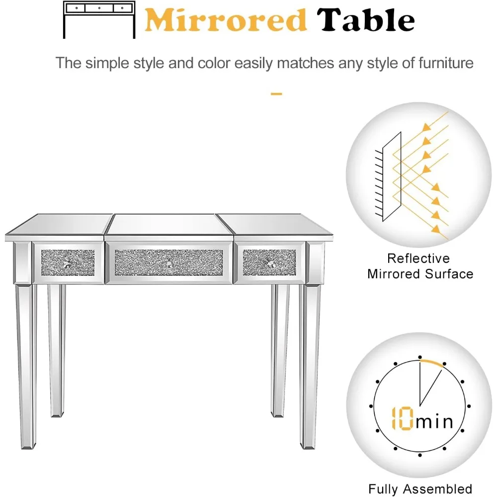 Mirrored Vanity Desk with Drawers and Flip Mirror, Glass Vanity,,Mirrored  Makeup Vanity Table for Bedroom 5