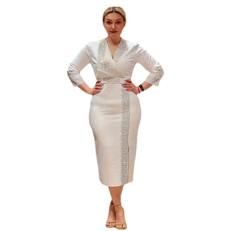 

Dresses For Women Spring Autumn Africa Clothing 3/4 Sleeve Dress Sexy V-Neck Perspective Slim Office Lady Party Dress