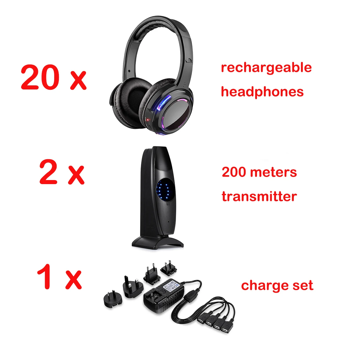 thumbnail image 1 of Auriculares de discoteca silenciosos con sonido de alta definición, sistema de competición, luz LED intermitente, auriculares recargables con transmisor de distancia de 200 m, 1 of 5