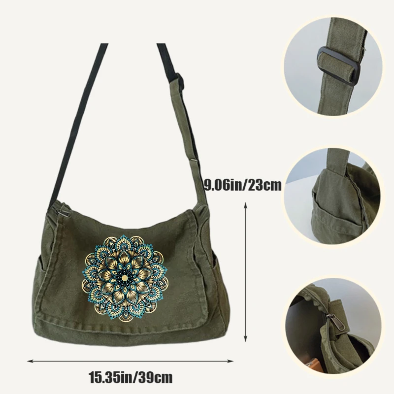 Vintage Women's Shoulder Bag Canvas Mandala Print Large Capacity Messenger Bag Daily Use Crossbody Bag