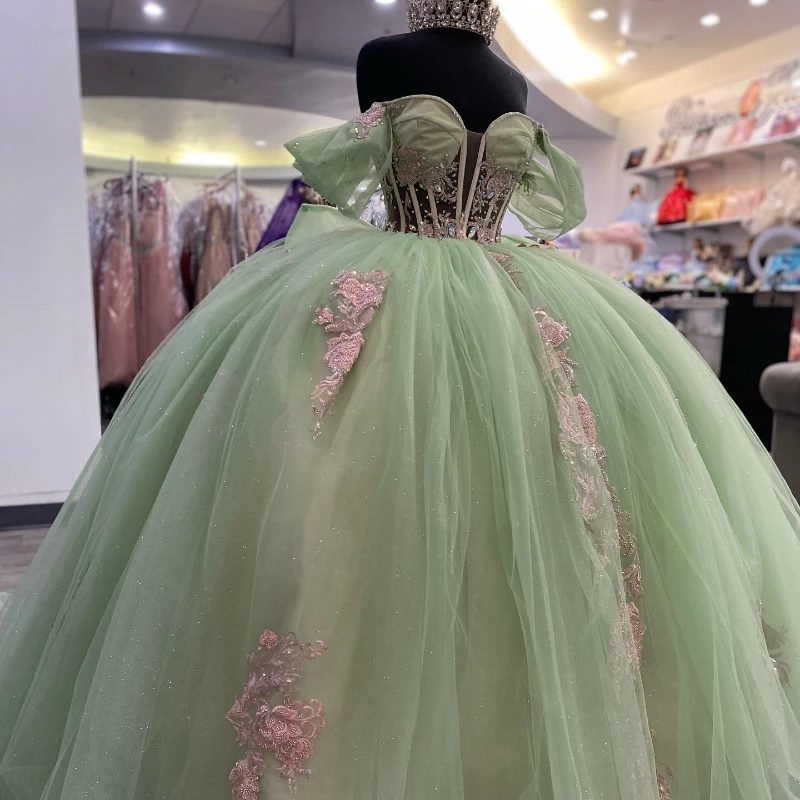 

Sage Green Sweetheart Off Shoulder Appliqué Lace Beads Sweep Tull Quinceanera Dress Sweet 16 Vestidos De 15 Anos Ball Gown