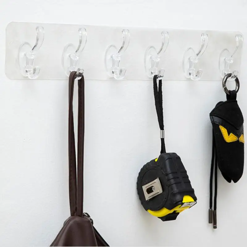 Self Adhesive Hooks Multifunctional Hooks Self Adhesive Wall Hooks Home Storage Accessories Transparent Plastic 3/5/6 Row Wall-mounted Towels Hats Keys Storage Rack Traceless