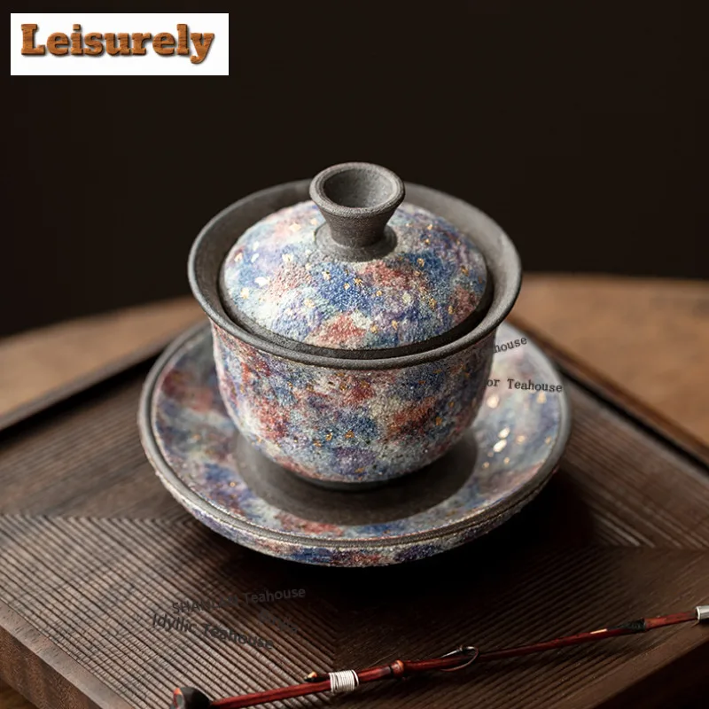 150ml Rock Mineral Point Gold Gaiwan Luxury Tea Tureen Tea Bowl With Lid Kit Tea Brewing Cover Bowl Kung Fu Tea Set Decoration