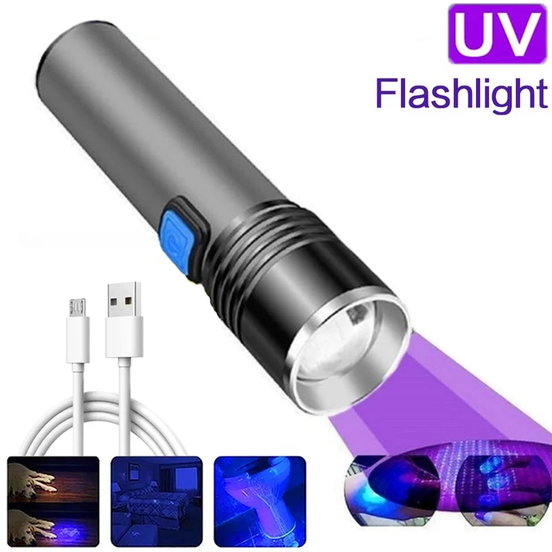 

UV Flashlight 365nm Portable Rechargeable Blacklight Flashlight for Pet Urine Stain Detector Zoomable Ultraviolet Scorpion Torch