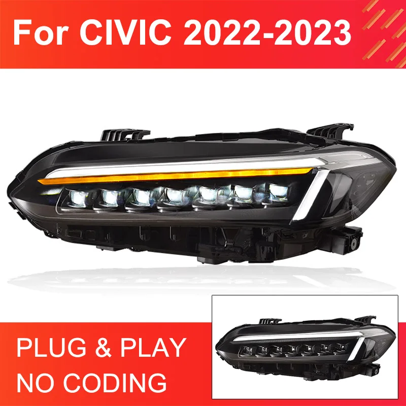 

Передняя фара в сборе для Honda Civic 2022, 2023, фары подключи и работай с светодиодный DRL, динамическая вращающаяся передняя фара
