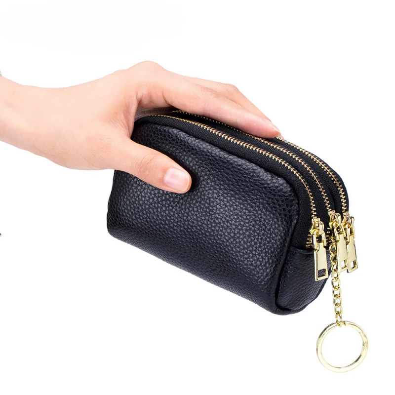 Luxury Leather Keychain Wallet with 3 Zippers Compact Coin Purse for Women Men RFID Blocking Travel Essentials Cash Card Holder