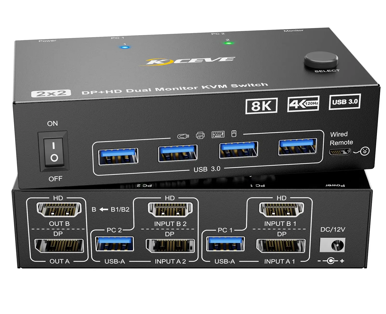 4K@144Hz KVM-перемикач 2 монітори 2 комп’ютери 8K@60Hz, HDMI + Displayport Dual Monitor KVM з 4 портами USB 3.0 для клавіатури-миші