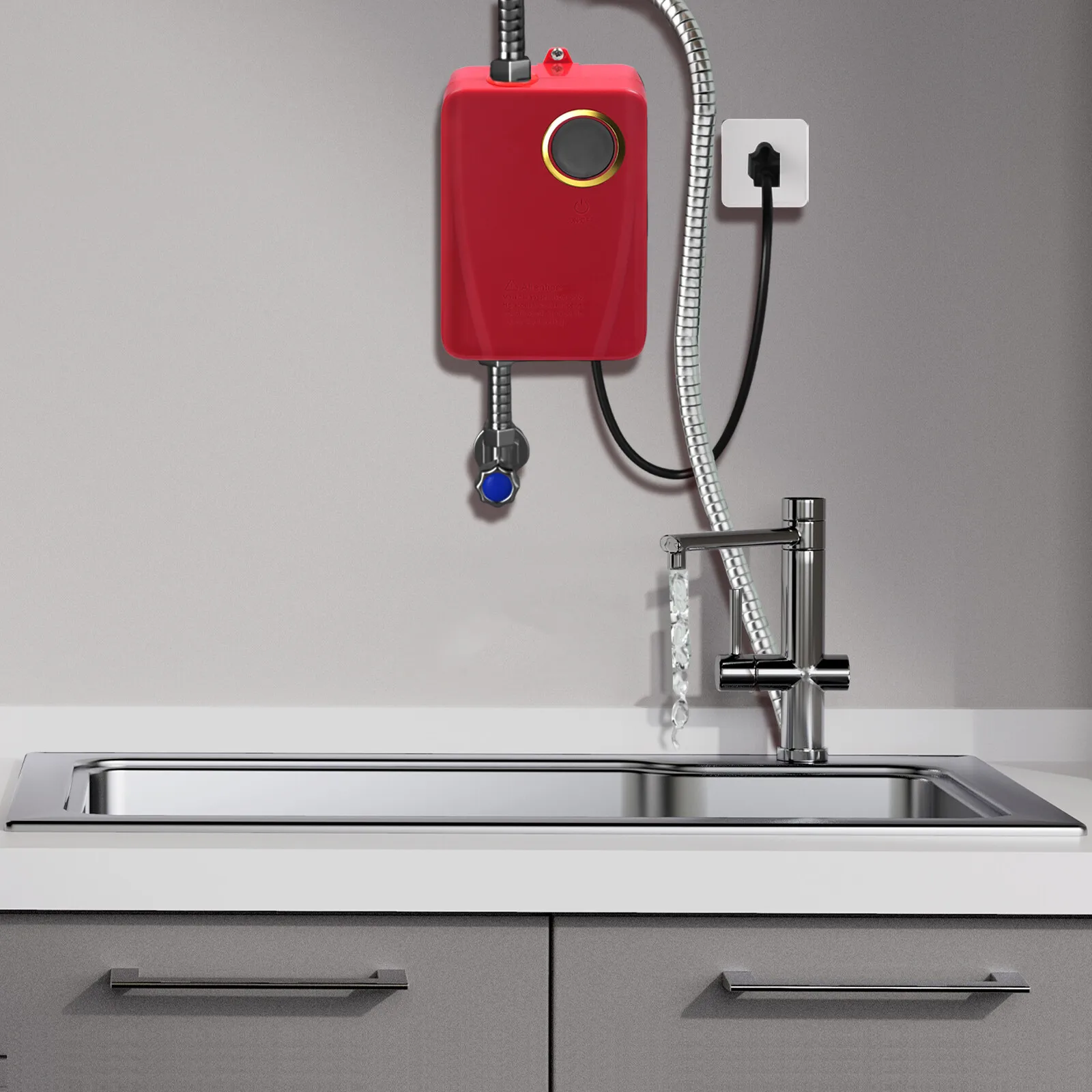 110V 3000W Stainless Steel Mini Water Heater XY-FA Red US Plug Instant Hot Water for Kitchen Bathroom 3