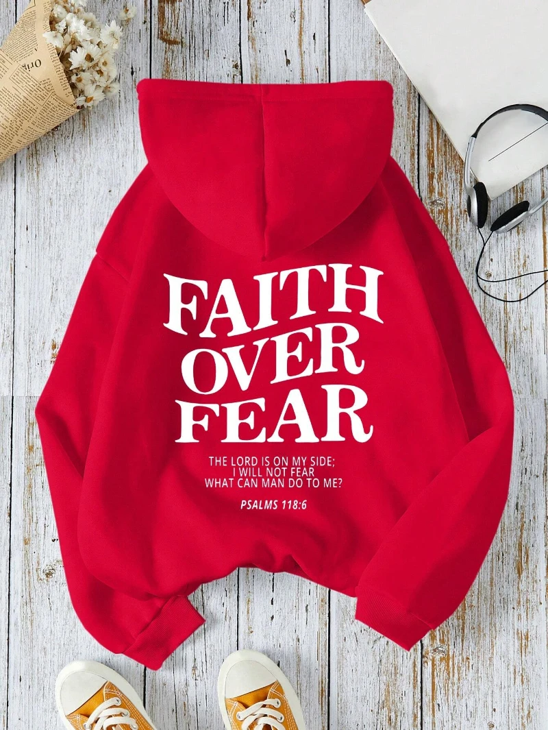 Felpe con cappuccio da donna Casual Faith Over Fear felpe con stampa di lettere in pile caldo e confortevole pullover tascabili autunno Streetwear 3