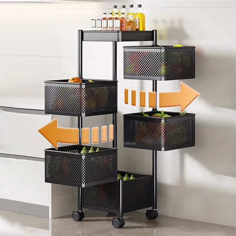 Modern Multi-functional Fruit Vegetable Organizer Cart With Wheels Kitchen Storage Basket Kitchen Cart Rotating Trolleys