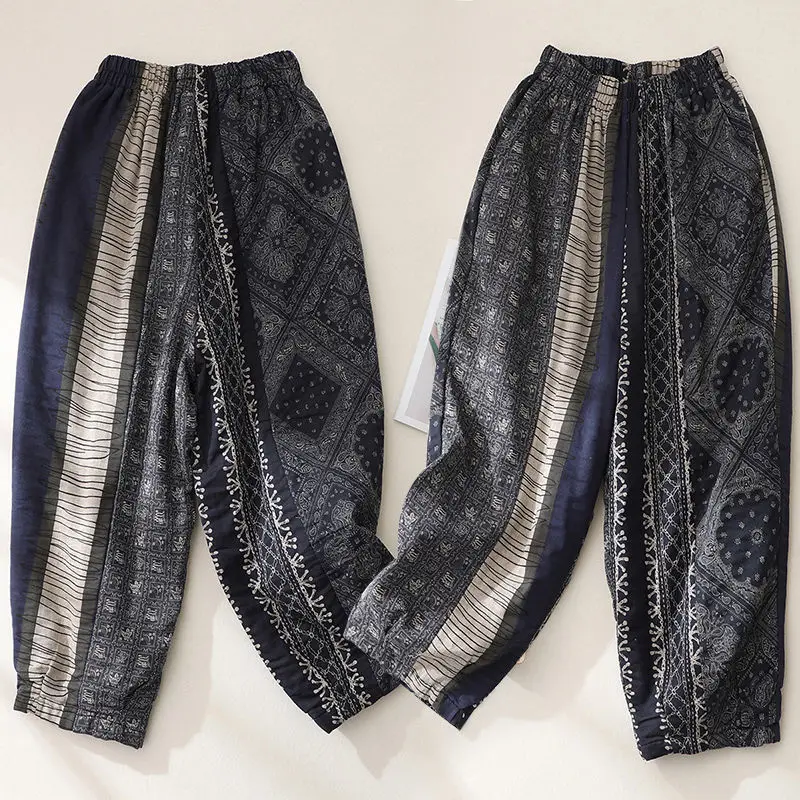 Women's 2024 Summer New Cotton Linen Elastic High Waist Retro Embroidery Printed Ethnic Style Loose Pocket Straight Harlan Pants