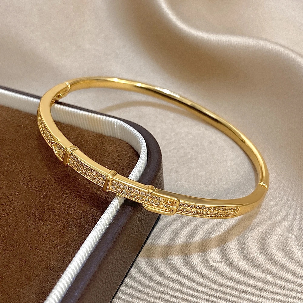 Elegant Zircon Geometric Stackable Cuff Bangle with Rhinestone Charms