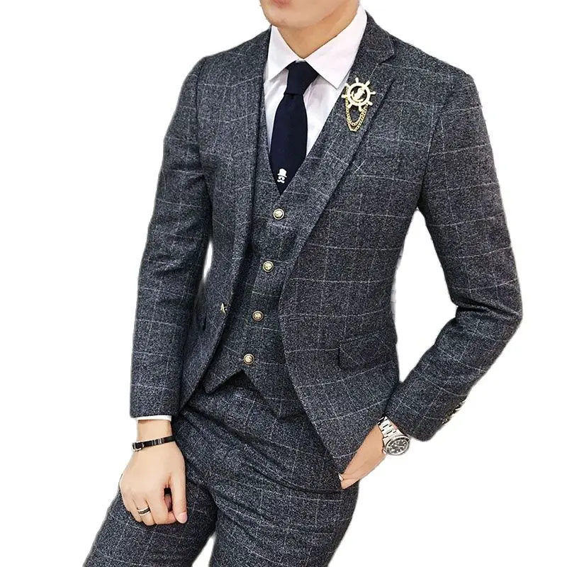 

( Jacket + Vest + Pants ) Men's England Plaid Casual Suit Mens Classic Single Button Official Suit Groom Wedding Dress Suit
