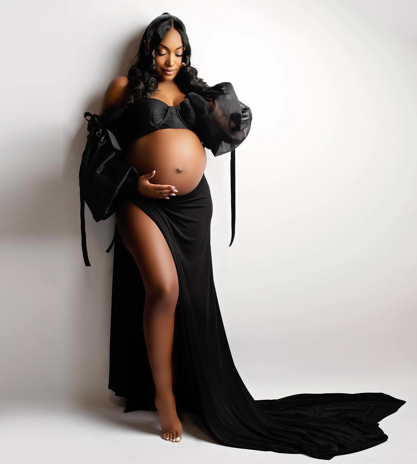 

Charming Black Mermaid Maternity Robes for Photography Off Shoulder 2 Pieces Pregnant Women Dresses Side Split Baby Shower Gowns
