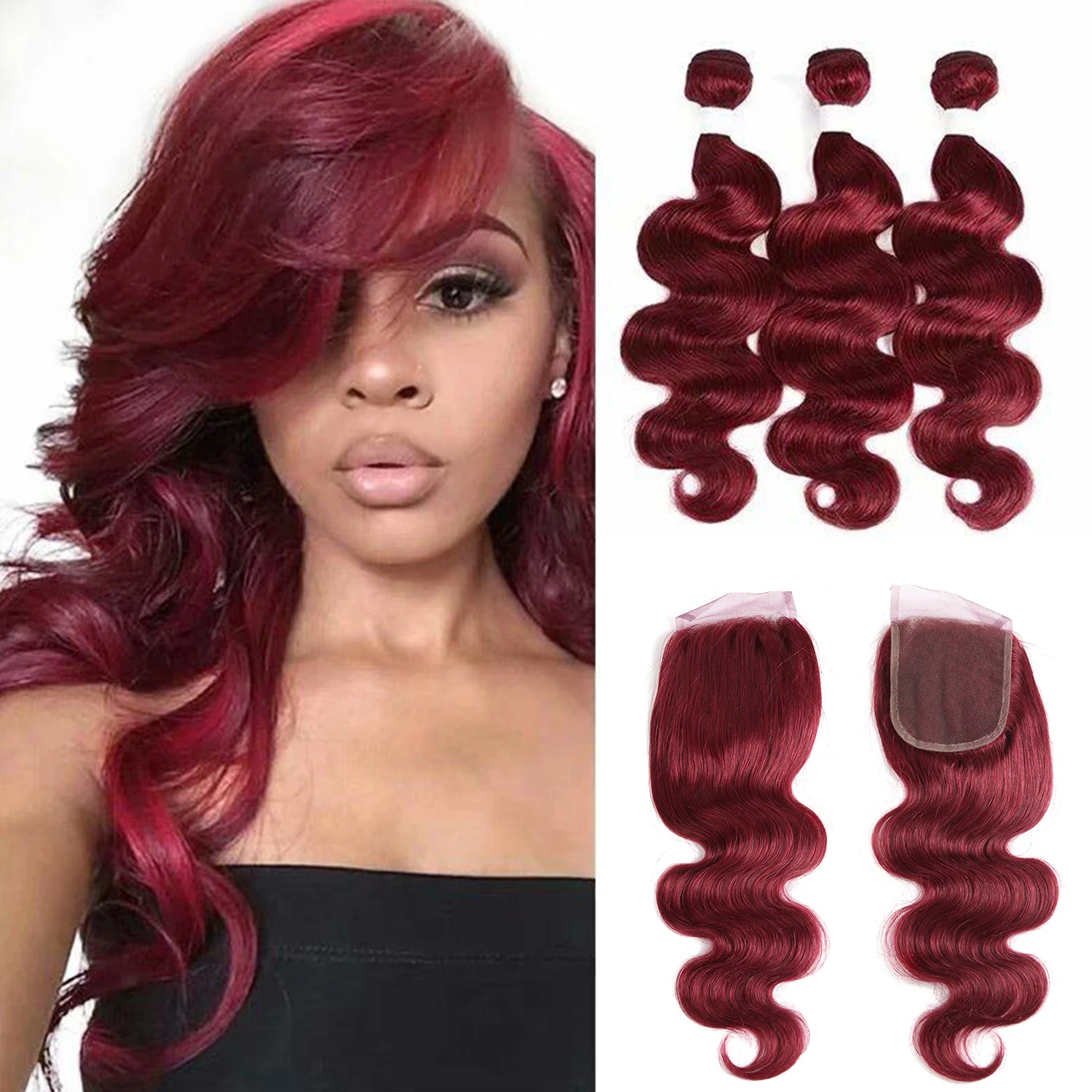 Body Wave Human Hair Bundles With Closure 99J/Burgundy Colored 3 Bundles With Closure Brazilian Remy Hair Extension Weft