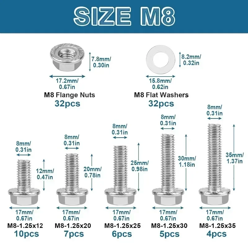 96pcs Flange Hexagon Bolt Nut Washer Kit Stainless Steel Screws Hex Cap Flange Bolt Assortment Kit M8 Hardware Fasteners Tools
