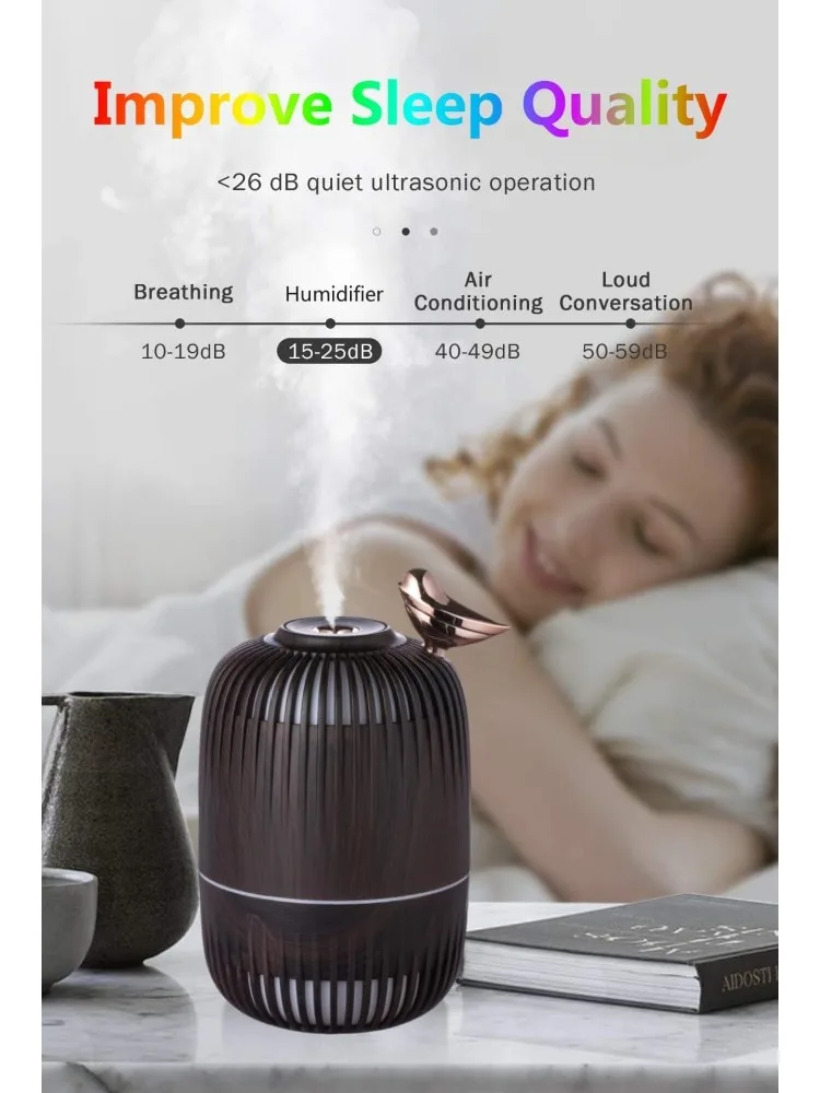 나뭇결 무늬 새 모양 가습기 7색 LED 무드등 280ml USB 저소음 초음파 쿨 미스트 가정용 침실 사무실 책상 차량용