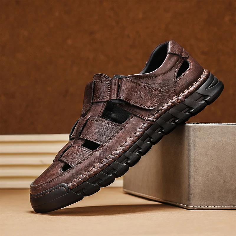 Non Slip Hand Made Sandalias Slip on Clogs Outdoor Walking Shoes Male Sandals Leather Summer Breathable Men's Casual Shoes
