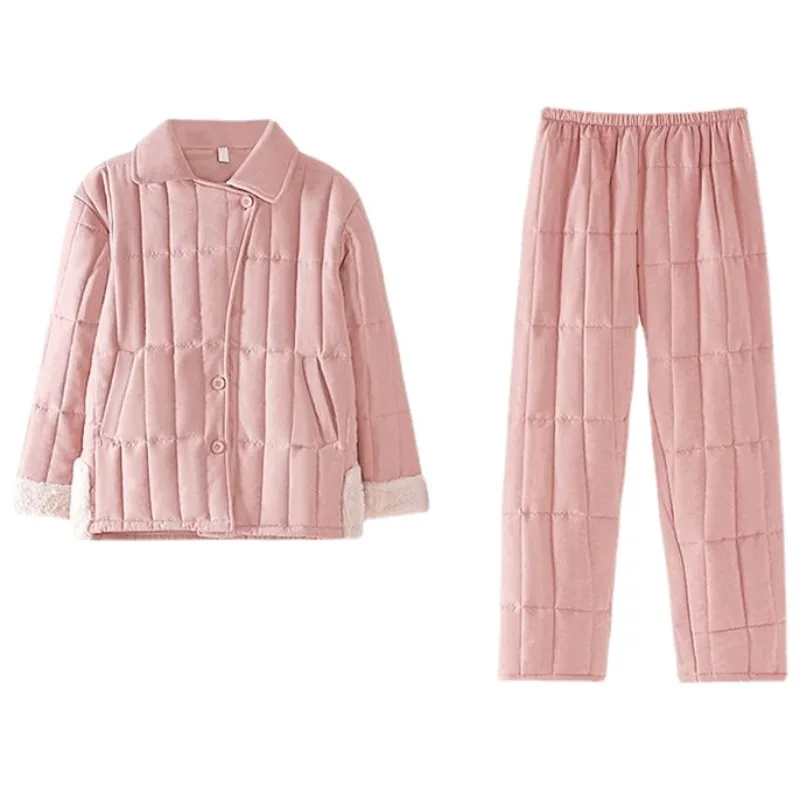 2023 New Cotton Pajama Women's Winter Triple Layer Cotton Padded Thick Sleepwear Warm Coral Fleece Loungewear Loose Homewear Set