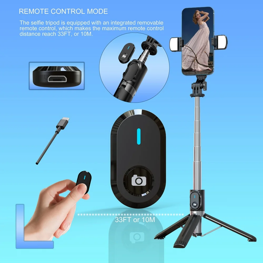 P93 Selfie Stick Tripod with Remote 1.3m Extendable Cell Phone Tripod with Light Gopro Compatible for IPhone, Android, Camera
