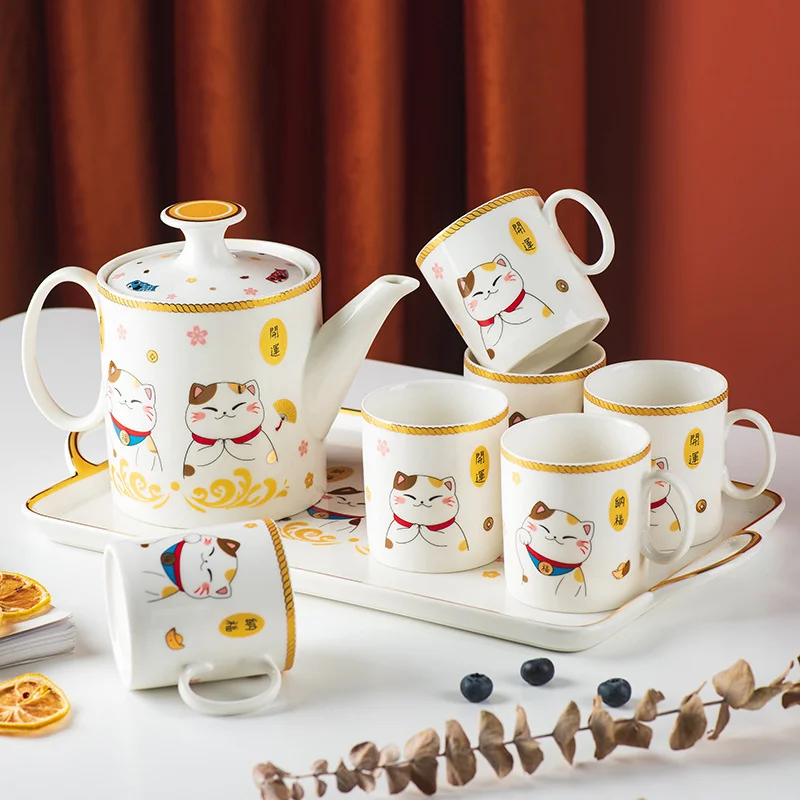 

Japanese Lucky Cat Ceramic Coffee Tea Set Creative Cartoon Cat Water Sets Teapot Coffee Cup Home Bar Decoration Drinkware