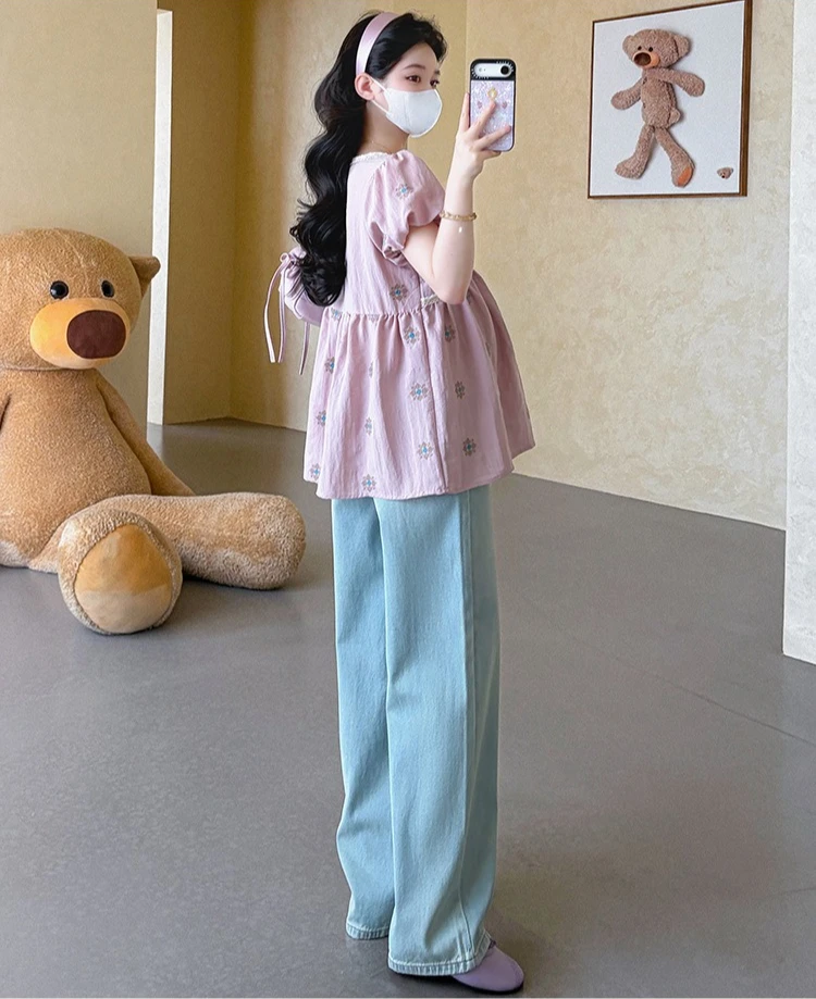 임산부 셔츠 여름 루즈핏 편안한 V넥 퍼프 소매 귀엽고 부드러운 임산부용 상의 2026