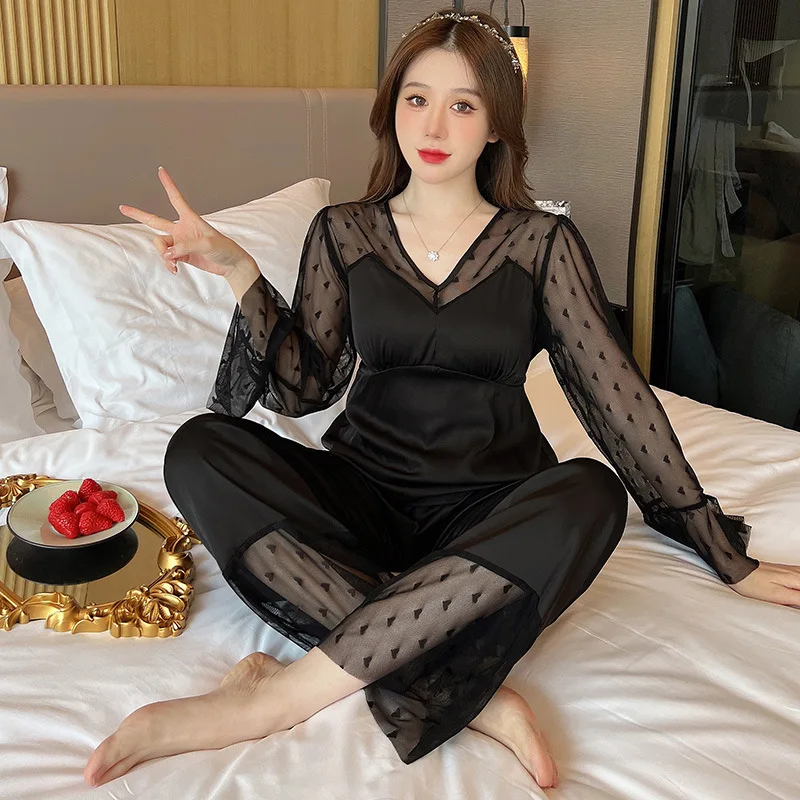 Women's 2 Piece Pajamas Set Lace Pijama with Pad Faux Silk Satin Pyjama Female Sleepwear Long Sleeve V-Neck Shirt Pants Homewear