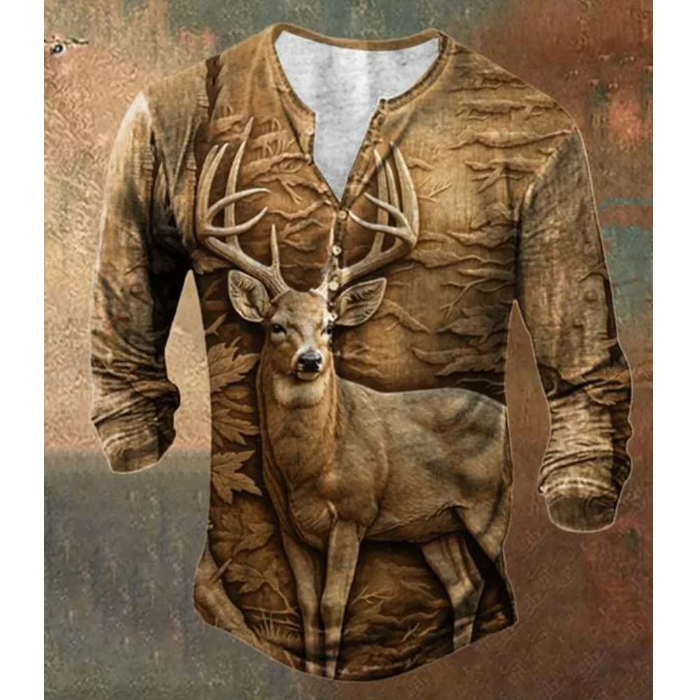 Animal Deer Graphic Henry Shirts Vintage Shirt For Men 3D print Tee Long Sleeve Henley Shirts Overszied Men's Clothing Tops men long sleeve shirt stylish men s henry neck long sleeve shirts slim fit breathable casual streetwear tops summer lightweight