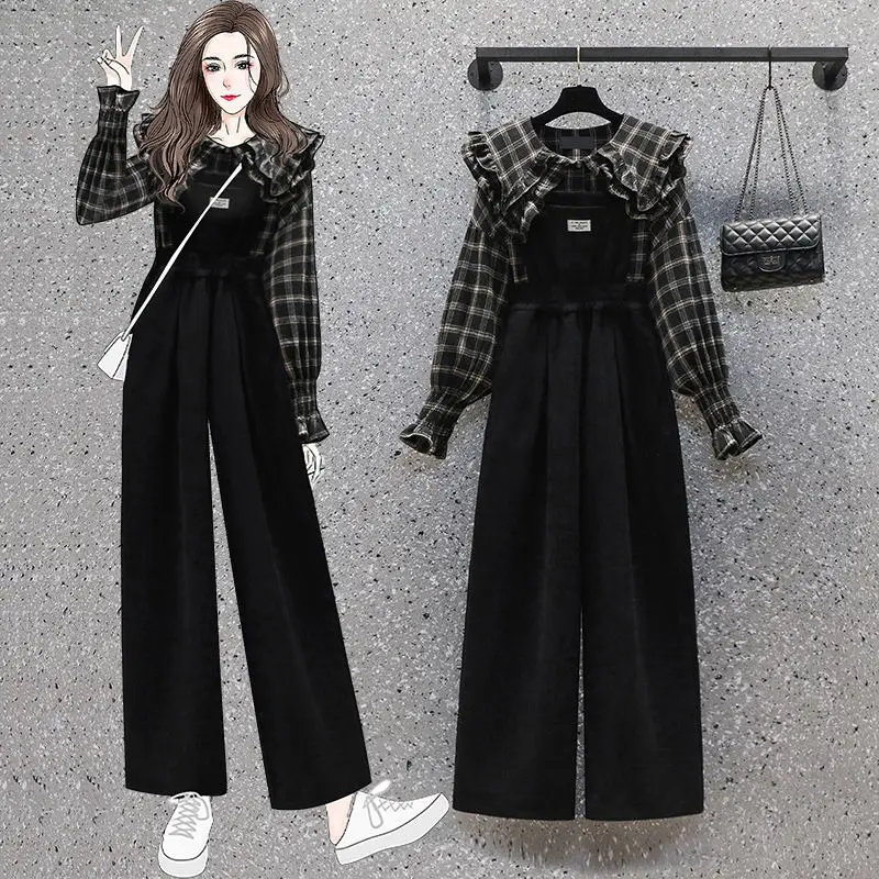 (M-4XL) Women's Preppy Style Spring Autumn Casual 2 Piece Pants Set Lady Korean Student Plaid Shirts Black Overalls Outfits 2023 autumn women loose plaid print patchwork wide leg jumpsuit femme graphic print buttoned pocket bodysuit office lady overalls