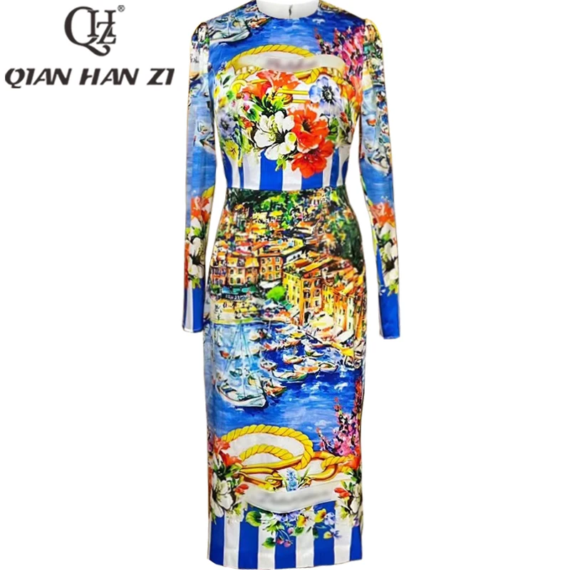 

QHZ Designer Fashion Holiday Vintage silk Dress Women's long sleeves Amazing Elegant pattern print Slim Bodycon dress