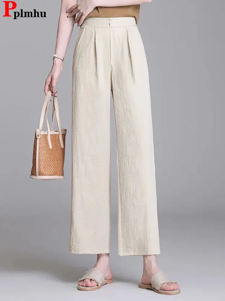 

Summer Cotton Linen Baggy Straight Pants Women Casual High Waist Wide Leg Pantalones Korean Thin Loose Ankle Length Spodnie 2024