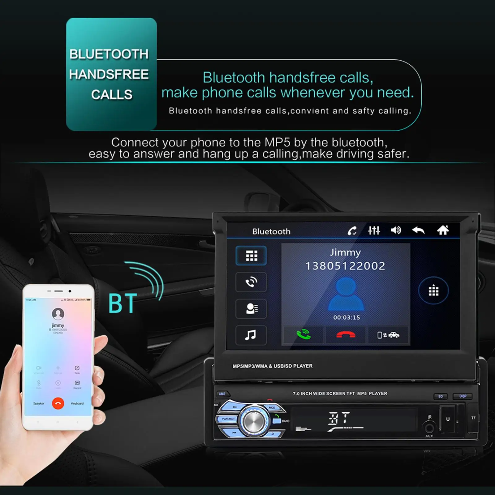 

Выдвижной Автомобильный MP5-плеер с Bluetooth, аудио и громкой связью AUX FM/AM радио приемник, 7-дюймовый ЖК сенсорный экран черный