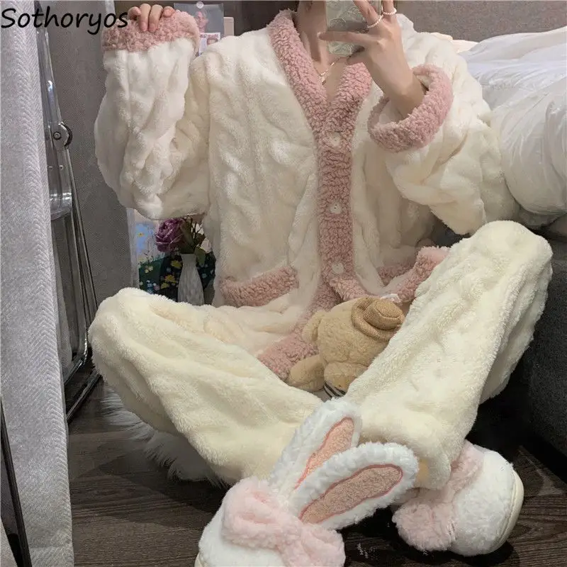 

Пижамные комплекты из кораллового флиса, женская зимняя Милая теплая Пижама со вставками, мягкая утепленная универсальная домашняя одежда для девочек в Корейском стиле
