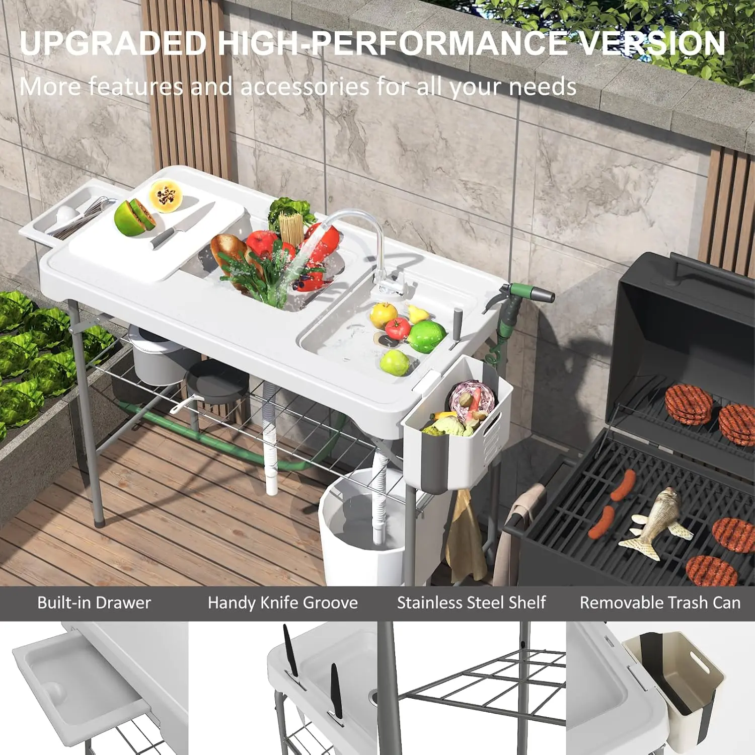 42.5" Fish Cleaning Table with Dual Sink, Portable Folding Camping Table with Faucet, Sprayer, Grid Rack, Hose Hook Up