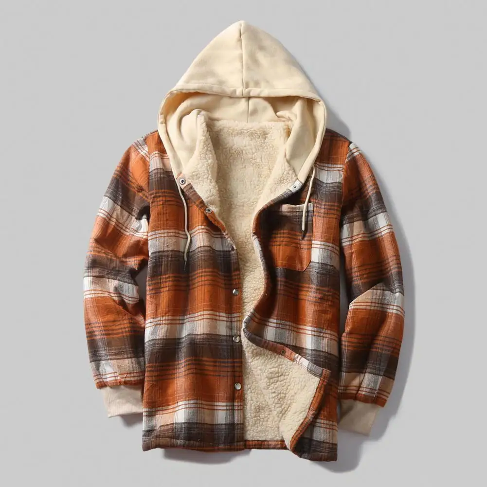

Patch Pocket Men Coat Plush Hooded Winter Jacket for Men Stylish Plaid Print Warm Loose Fit with Drawstring Patch Pockets Hooded