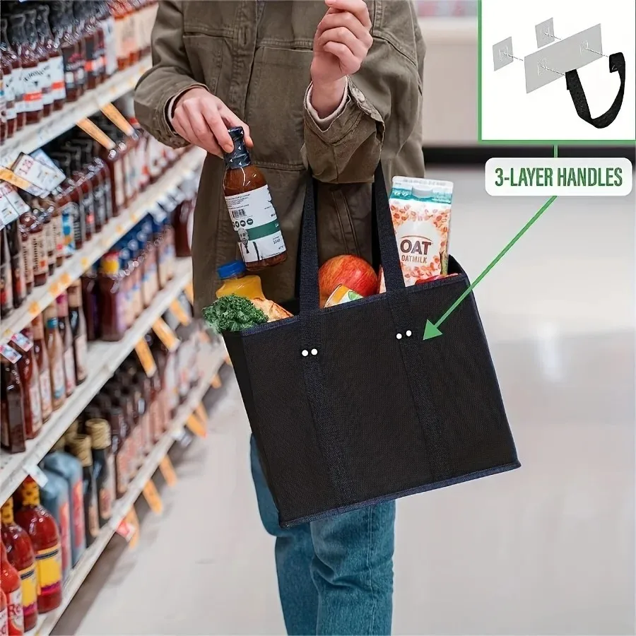 Foldable Reusable Grocery and Utility Tote with Handles and Sturdy Base