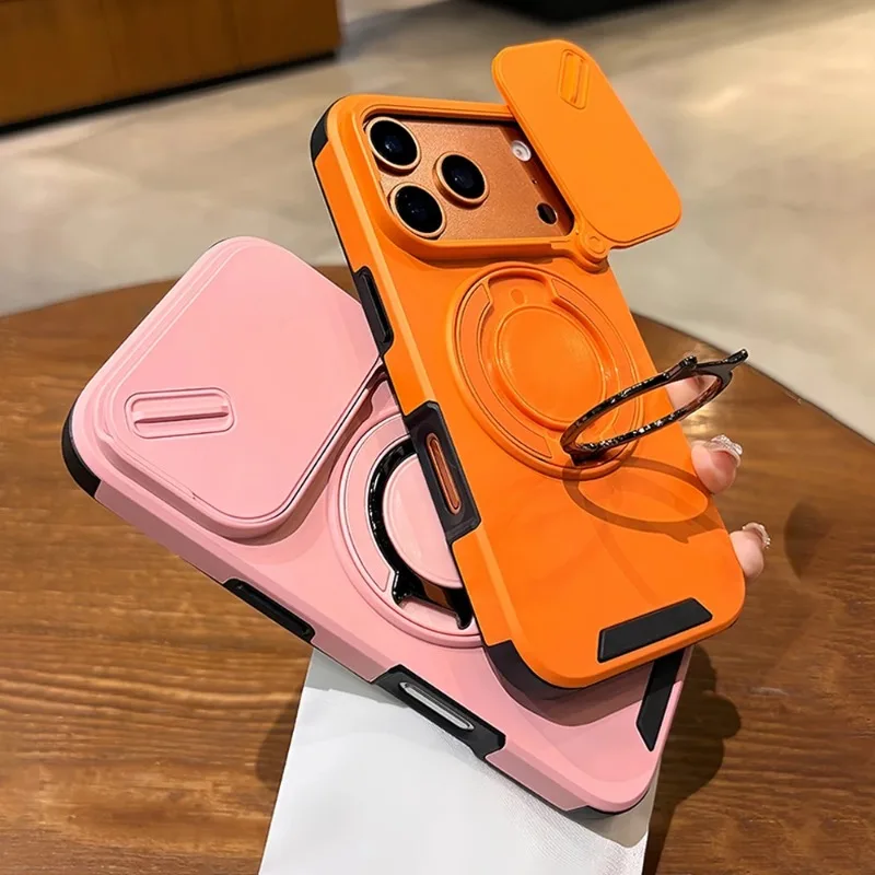 Luxury Heavy-Duty Armor Slide Camera Case with Magnetic Rotate Ring Holder